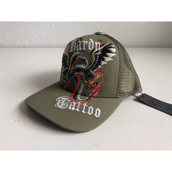 Ed Hardy Trucker Hat Embroidered Rhinestone Dragon Tattoo Snapback Cap Green NEW - Picture 9 of 14